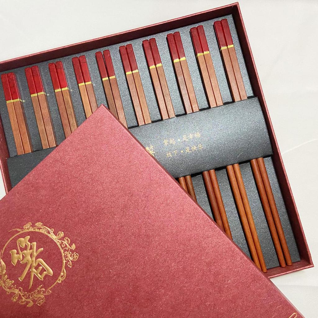 Red Sandalwood Chopsticks Gift Set – 10 Pairs Premium Wooden Dining Utensils In Luxury Gift Box