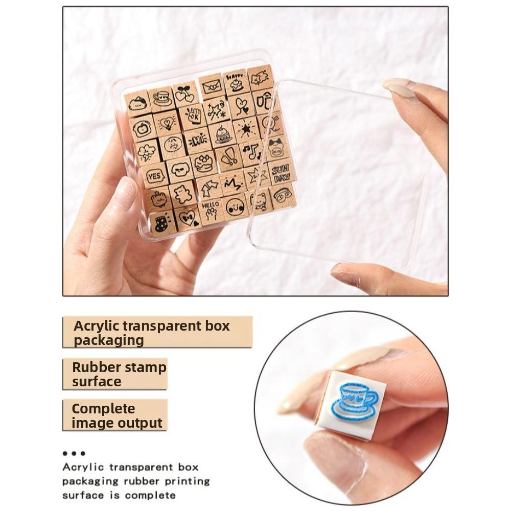 36pcs Set Cartoon Rubber Stamp Acrylic Box Mini Wooden Stamps Wood Stamps Set  Scrapbooking Decor