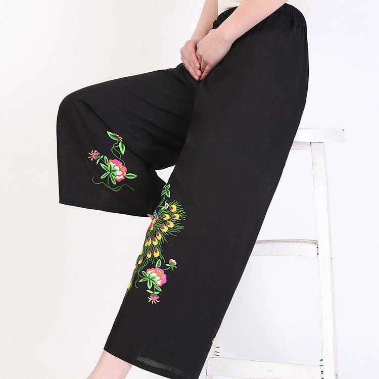 Women Summer Large Size Printed Culottes In Spring and Summer Loose High Waist Vintage Elastic Casual Cropped Pants