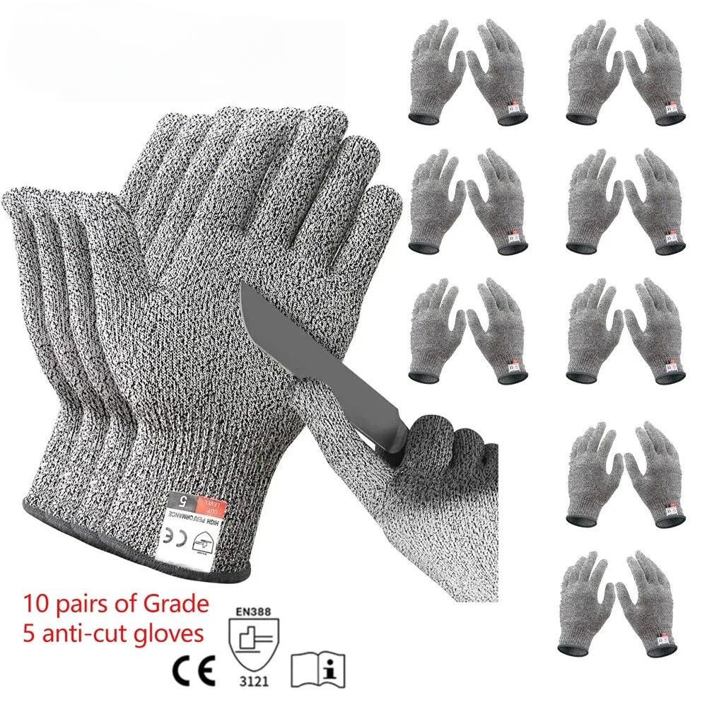 10 Pairs of Grade 5 Anti-cutting Gloves Kitchen HPPE Anti-scratch Glass Cutting Safely Protects Gardeners