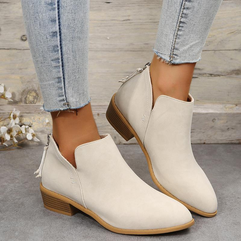 Large-sized, Thick-heeled, Bare-boot Women's Pointed-toe, Back-zipped Low-heeled Single Shoes