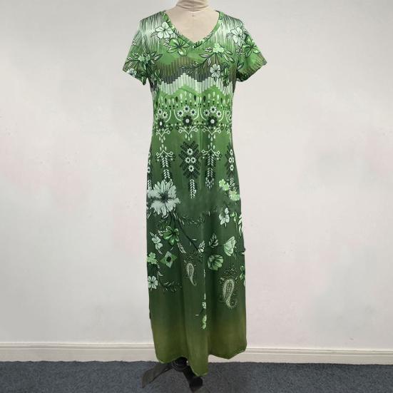 Women Summer Dress V Neck Colorful Print Side Split Loose A-line Short Sleeves Ankle Length Retro Ethnic Style Soft Beach Vacation Maxi Dress