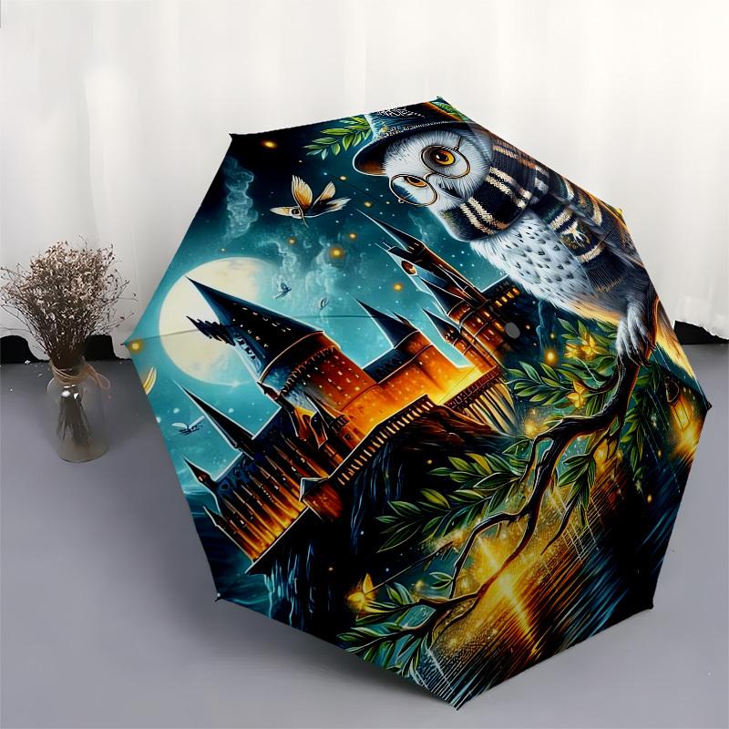1pc Hogwarts Owl Night Scene Umbrella with Plastic Handle,Cartoon Pattern,Suitable for All Seasons Multi-functional Umbrella363