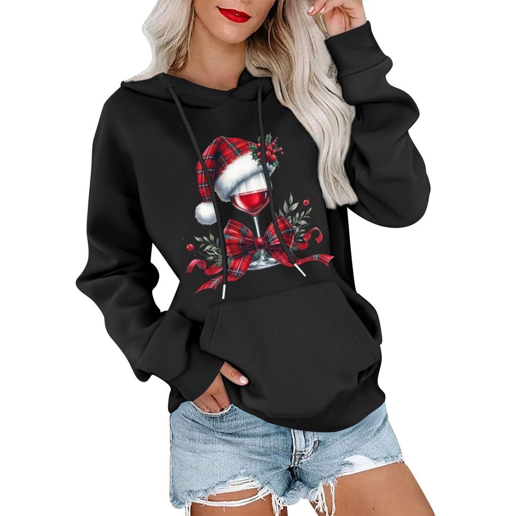 Women's Casual Comfortable Neck Hooded Long Sleeve Christmas Print Warm Sweatshirt