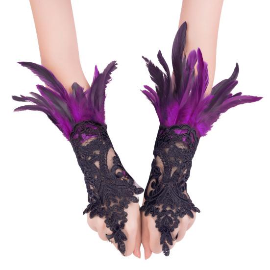 Women's Feather Wrist Cuffs Gothic Lace Feather Long Fingerless Gloves