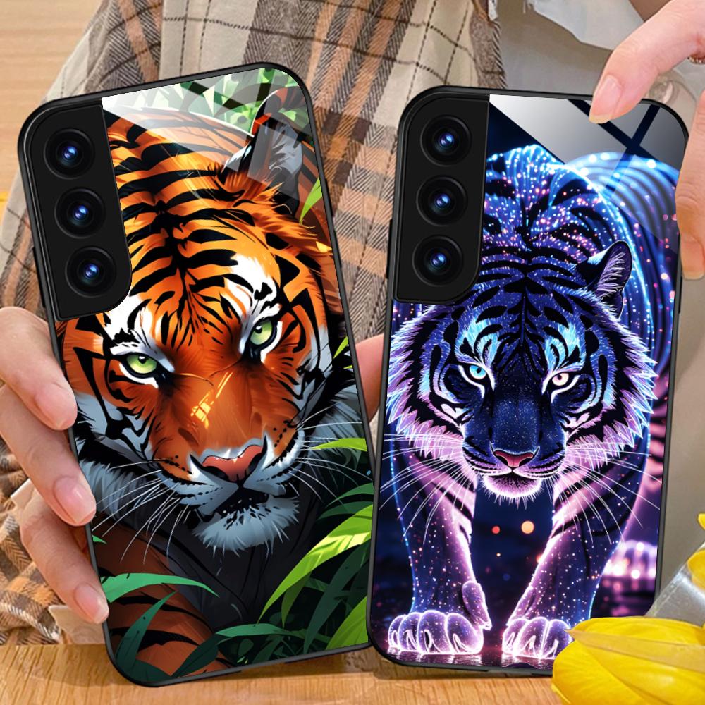 Неоновый чехол-бампер с тигром для мобильного телефона Samsung Galaxy S26 S25 S24 S23 S22 S21 S20 Note20 Plus FE Ultra Стеклянная цветная крышка Крышка