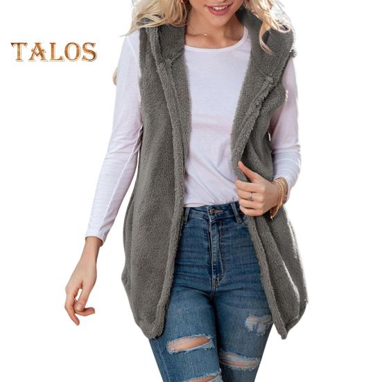 Женский зимний жилет с капюшоном, кардиган средней длины, жилет из искусственного меха, однотонное толстое теплое пальто без рукавов для повседневной носки на открытом воздухе