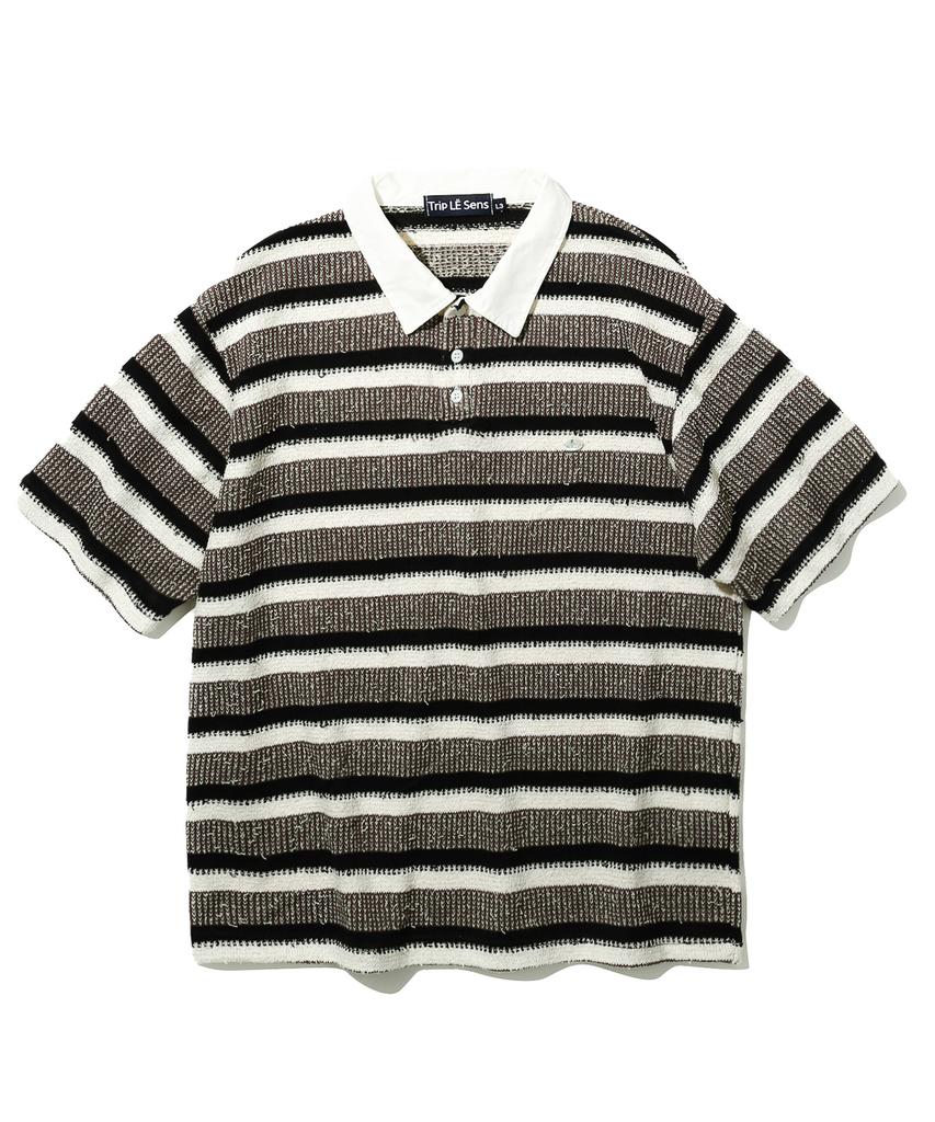 TRIP LE SENS Surfer Stripe Waffle Polo Shirt_Light Gray