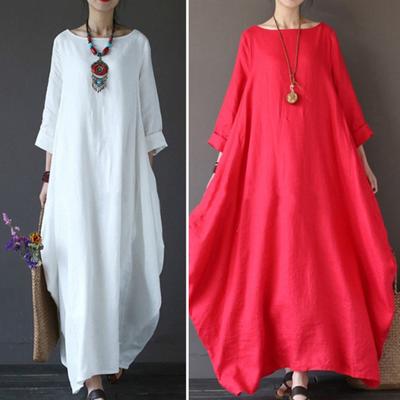 Женское платье с длинными рукавами, круглым вырезом, однотонное, в стиле ретро, дышащее, свободного кроя, до щиколотки