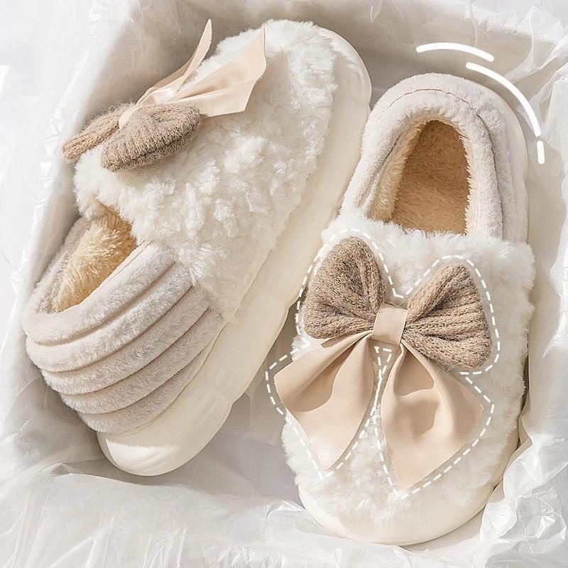 Женские хлопковые тапочки 2024 года, зимние новые домашние теплые плюшевые пушистые удобные нескользящие уличные хлопковые туфли с бабочкой