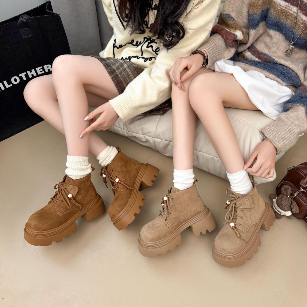 British Style Suede Women's Non-tired Feet Thick Soles Heightening Soft Elastic Comfort Shock Absorption Non-slip Casual Sports Martin Boots