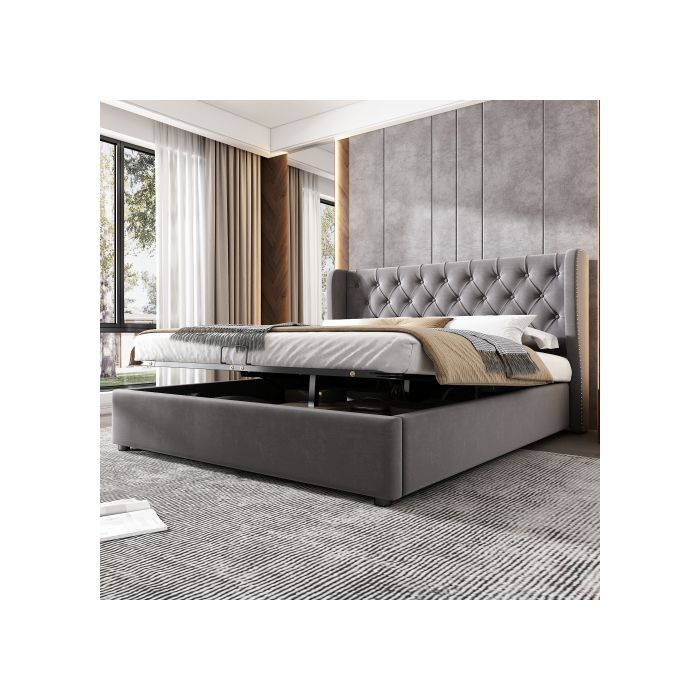 Lit rembourré - MUVOE - Twin 140x200 - Tissu velours - Design Chesterfield - Rangement intégré