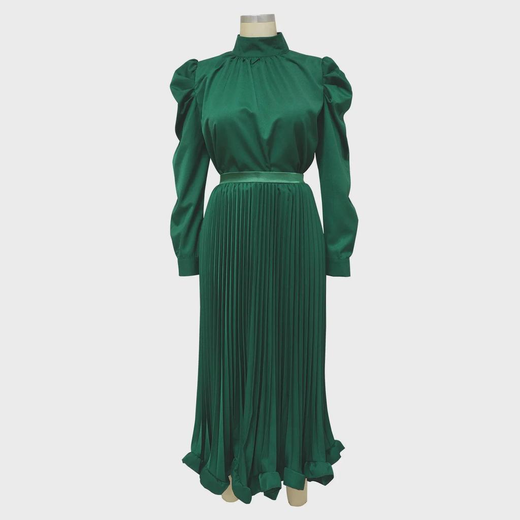 Autumn European & American Puff Sleeve Top with Ruffled Pleated Skirt Set.