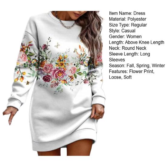 Women Fall Winter Sweartshirt Dress Flower Print Round Neck Long Sleeve Loose Pullover Thick Warm Mid Length Elastic Cuff Lady Spring Mini Dress