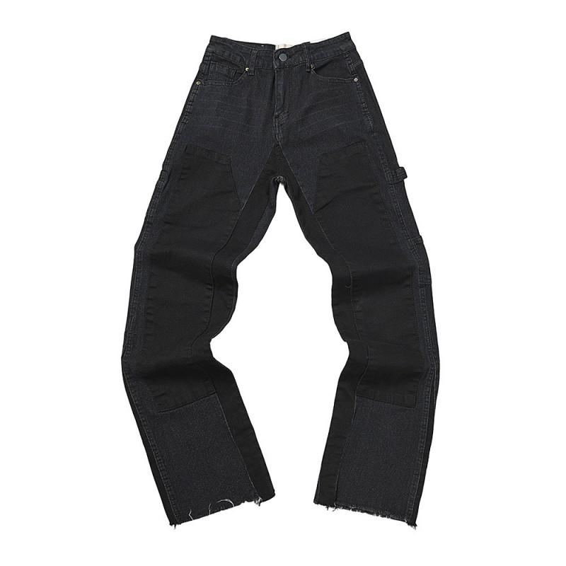 High-Quality Washed Denim Jeans Men Women Slim Flare Leg Black Blue Color Block Mid-Rise Cotton Blend