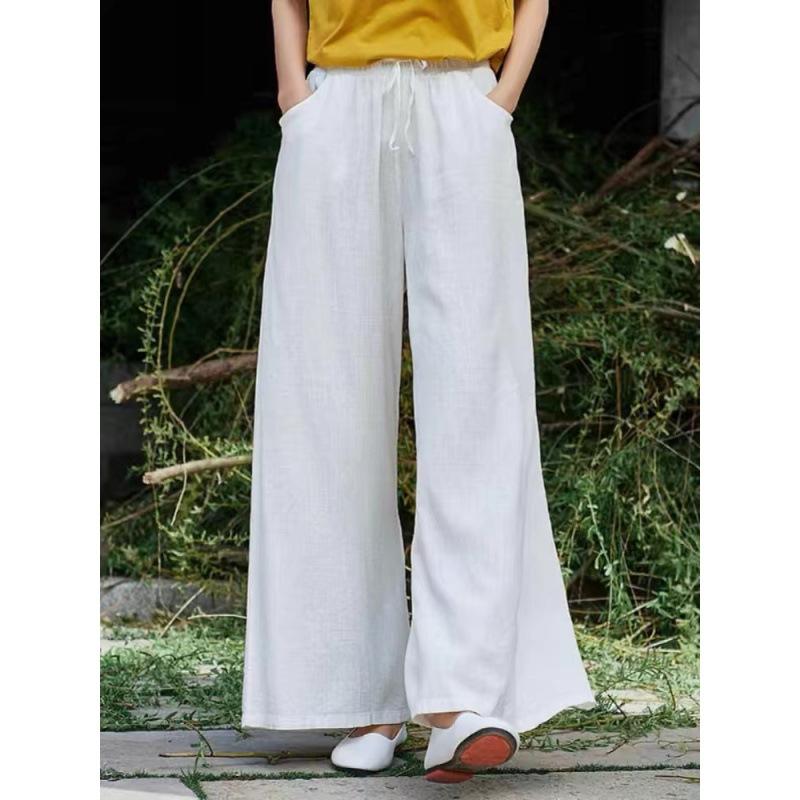 Casual Women's Solid Color Wide Leg Spring and Autumn Pockets Cotton Linen Women Long Pants