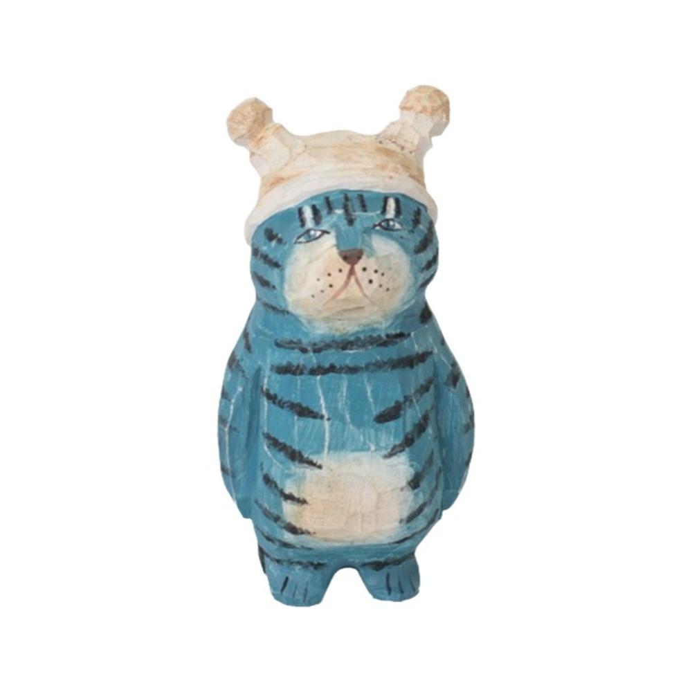Handmade Wood Carving Cat Ornament Cartoon Cat Figurines Painted Cat Sculpture  Home Decoration