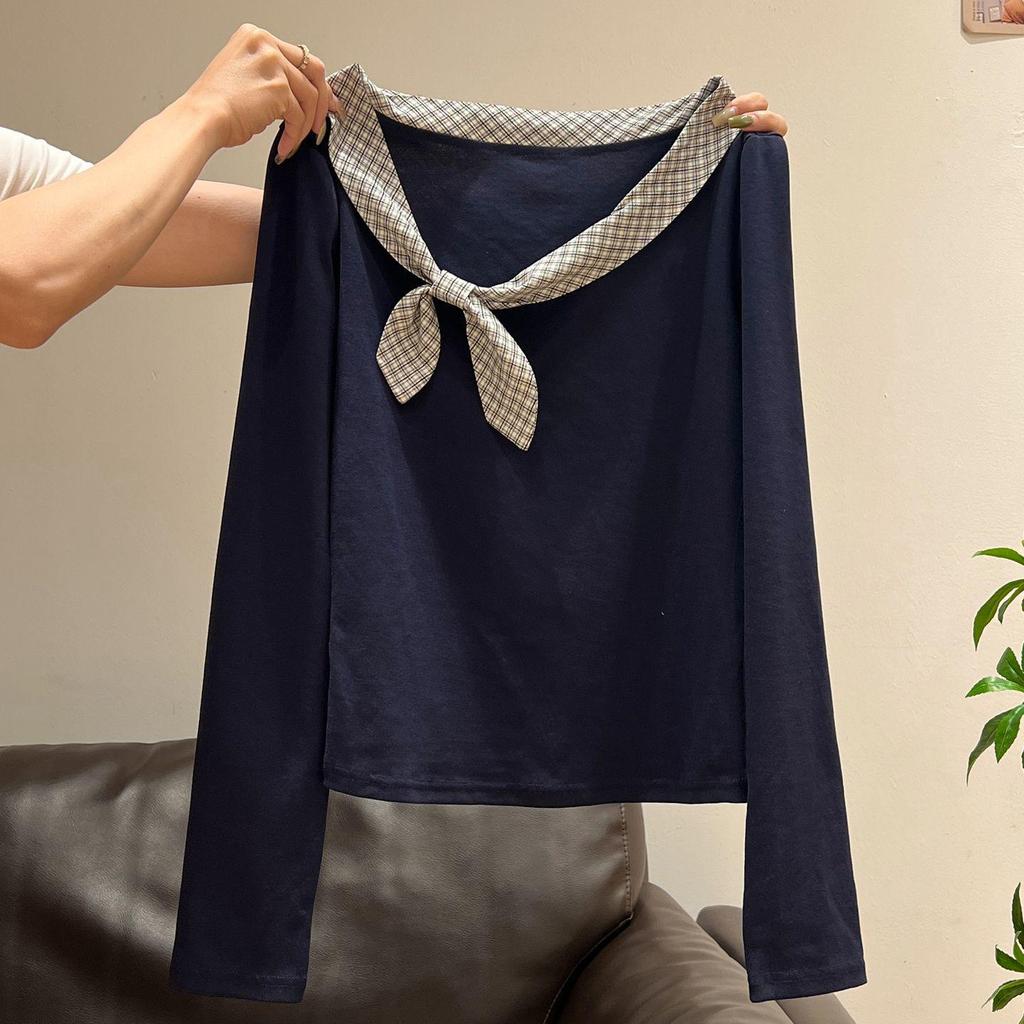 Темно-синяя футболка с длинным рукавом и завязками в виде кроличьих ушек для студенток - Универсальный топ для униформы на раннюю осень