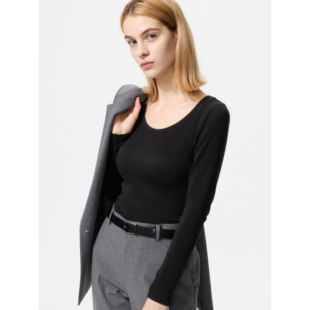 Uniqlo Ультра теплое термобелье с рубчиком, с U-образным вырезом, футболка с длинным рукавом