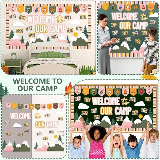 Camping Bulletin Board Set Woodland Classroom Decor Welcome to Our Camp Forest Mountain Classroom Decorations Border Adventure DIY Photo Craft Camper