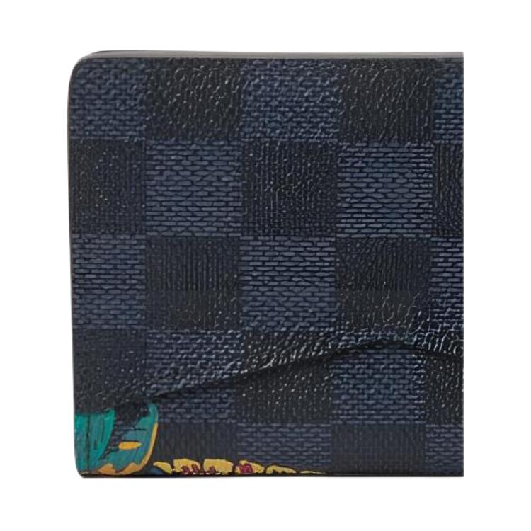 Louis Vuitton Graffiti Pattern Checkered Double Fold Design Coated Canvas Wallet Unisex Wallet Black M63508
