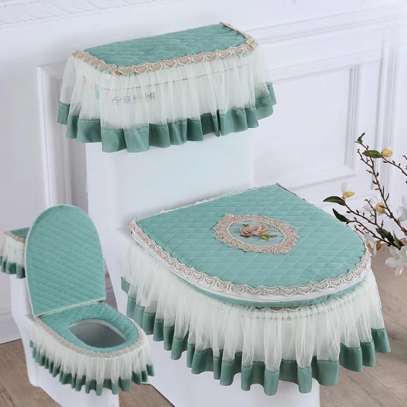 Подушка для унитаза, комплект из 3 предметов, кружевная съемная крышка для унитаза, тканевая пылезащитная крышка, подушка на сиденье унитаза, украшение для дома, крышка для унитаза