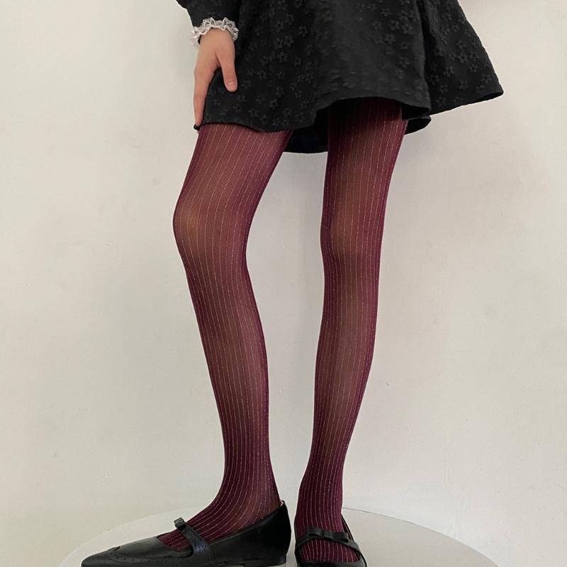 Women Thin Colored Stockings Shimmering Striped Sexy Semi Sheer Pantyhose Tights