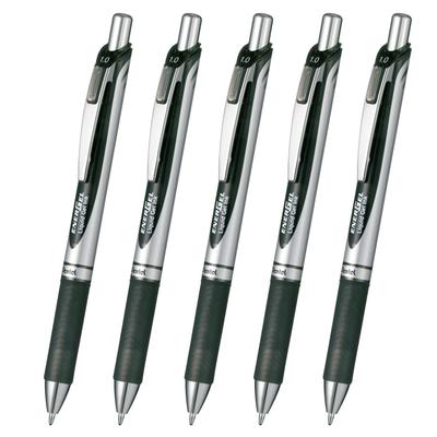 Pentel Energel Шариковая ручка с гелевыми чернилами, нажимная, серебристая, 5 ручек, Тип ручки, 1,0 мм, Корпус, XBL80-A, Черный,