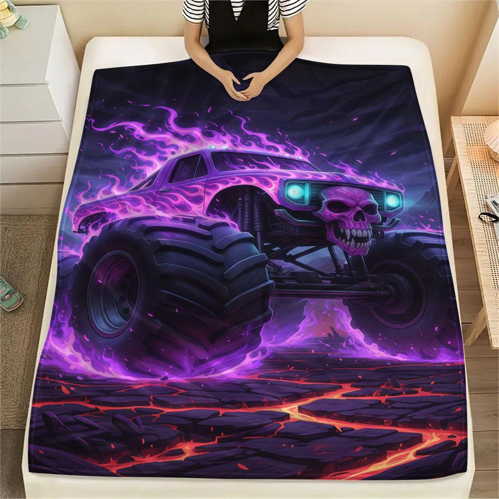 1Pc BadBeastTruck Print Flannel Blanket, High quality Comfortable for All Seasons, Home Decor, Warmth and Comfort, Perfect for Christmas Gifts