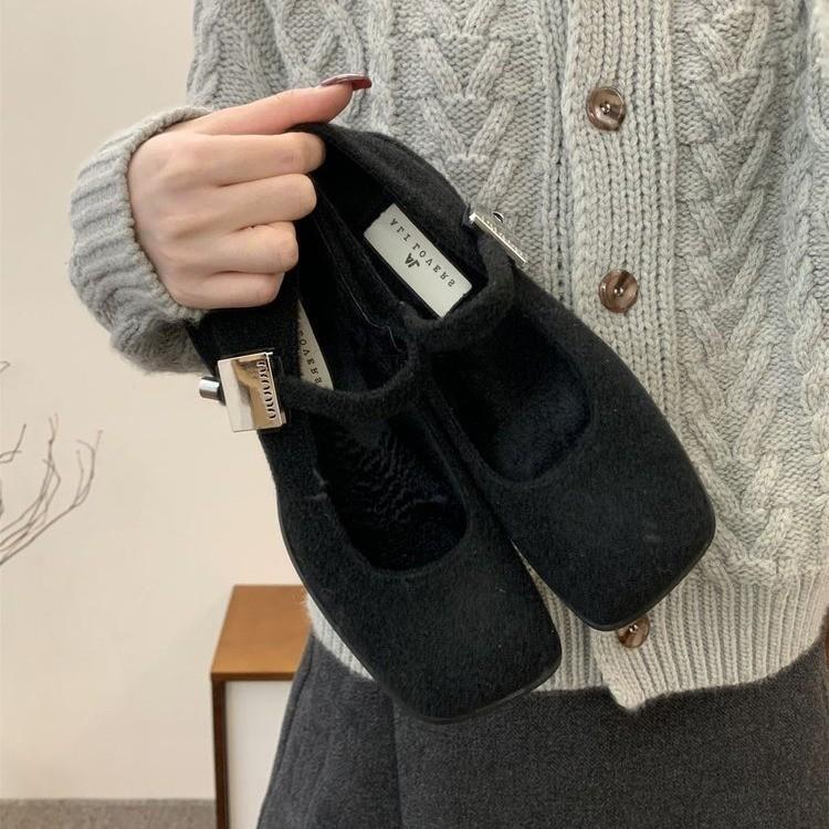 Gray Retro Woolen Mary Jane Fluffy Shoes Women's Winter Wear 2025 New French Thick Heel Velvet High Heel Single Shoes