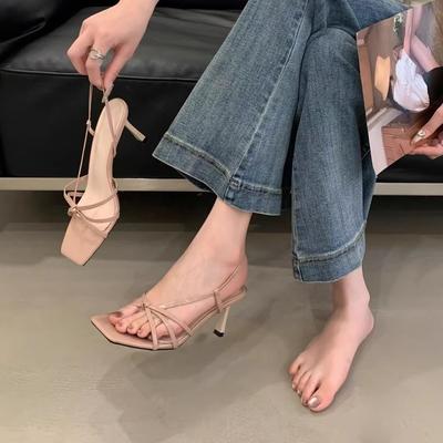 Сказочный стиль~ Новые золотые туфли на высоком каблуке женские французские римские сандалии 2025 полые с юбкой туфли-сандалии на высоком каблуке