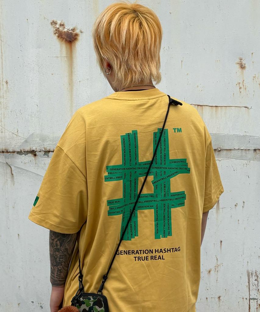 BEENTRILL Зеленая футболка оверсайз с коротким рукавом и хэштегом Green Taping (горчичный)
