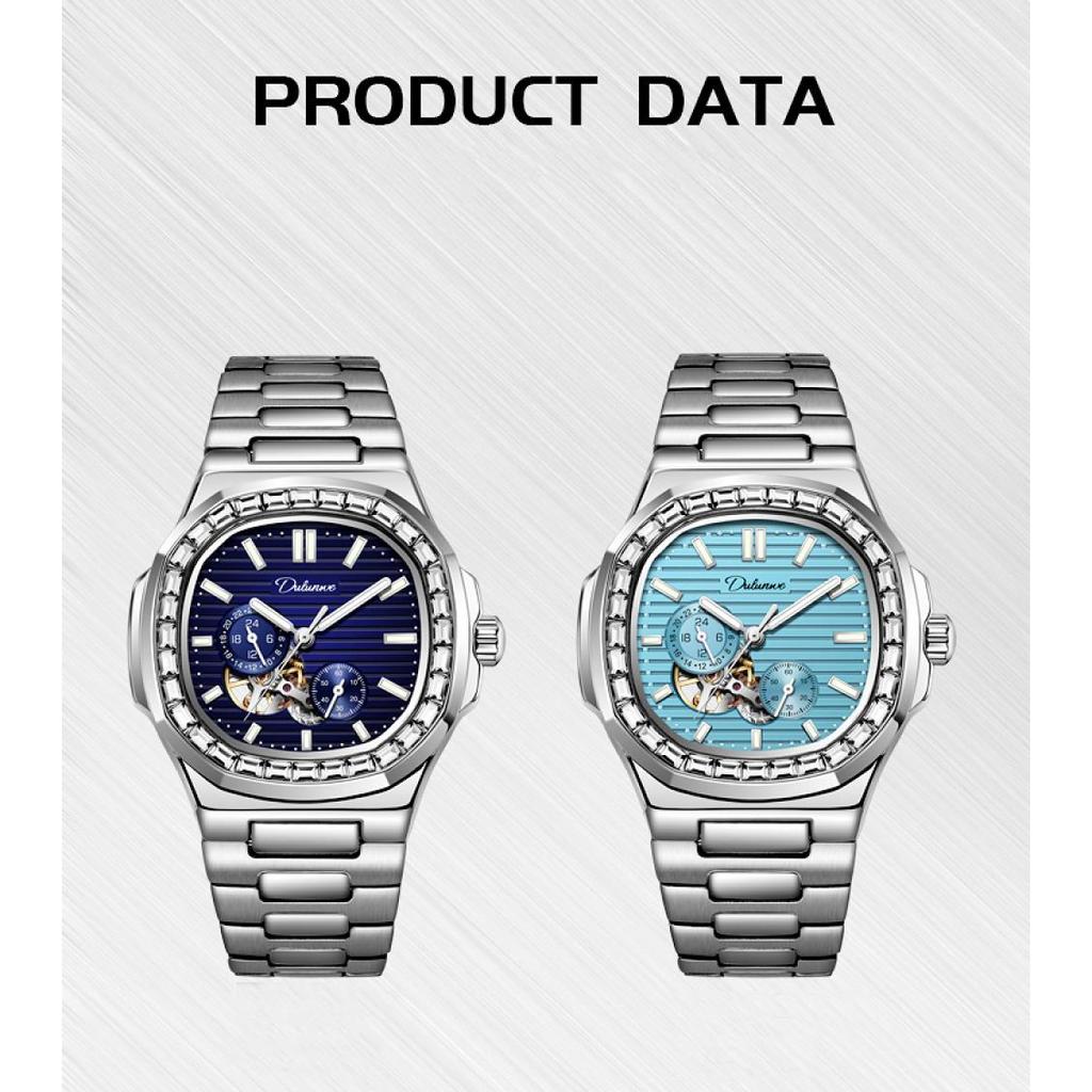 Dulunwe Часы мужские наручные с автоматическим механизмом и бриллиантами из циркония, небесно-голубые, многофункциональные, водонепроницаемые, роскошные