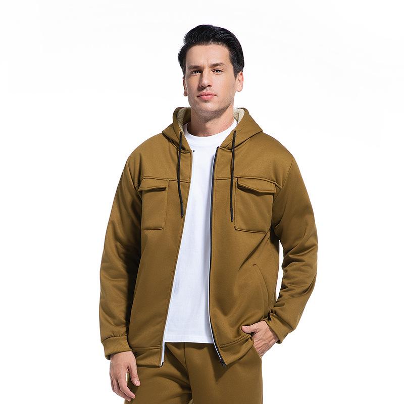 Men's Autumn and Winter Lamb Wool Thick Hooded Sweatshirt Cardigan Workwear Warm Jacket