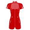 Womens Shiny Wet Look Patent Leather Cutout Bodysuit Zipper Front Short Sleeve Skinny Jumpsuit