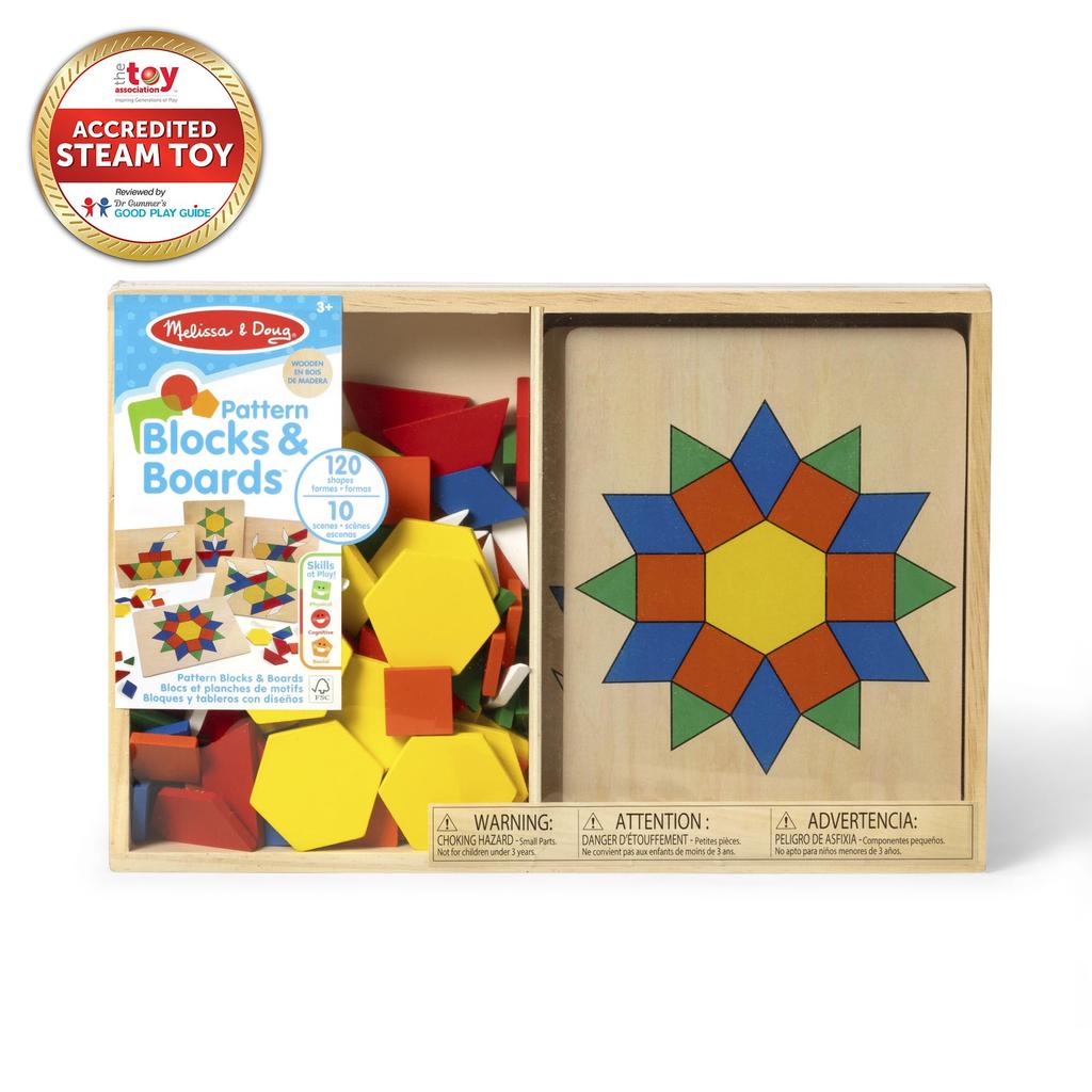 Melissa & Doug Wooden Toy Pattern Blocks with Board, 125 Pieces, Authentic, 29