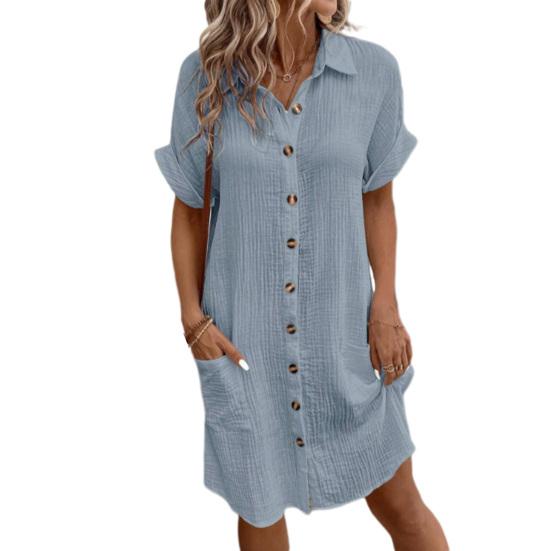 Летнее женское платье с отложным воротником, однобортное свободное однотонное кардиган с короткими рукавами и пуговицами по бокам, длиной до колена, повседневное женское платье-миди