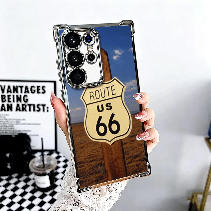 America Route 66 Plating Phone Case For Samsung Galaxy S24 S25 FE S26 Edge S23 Ultra S22 S21 Plus S20 Anti-Fall Airabag Cover