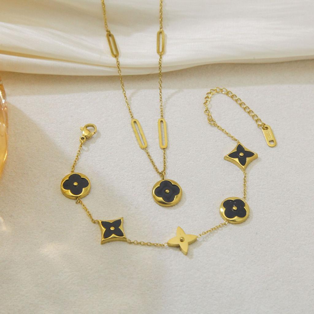 Набор браслета и ожерелья из титановой стали 'Клевер' 2 шт. Подарок 18к золото Модный Элегантный Темперамент Простой и Высококлассный