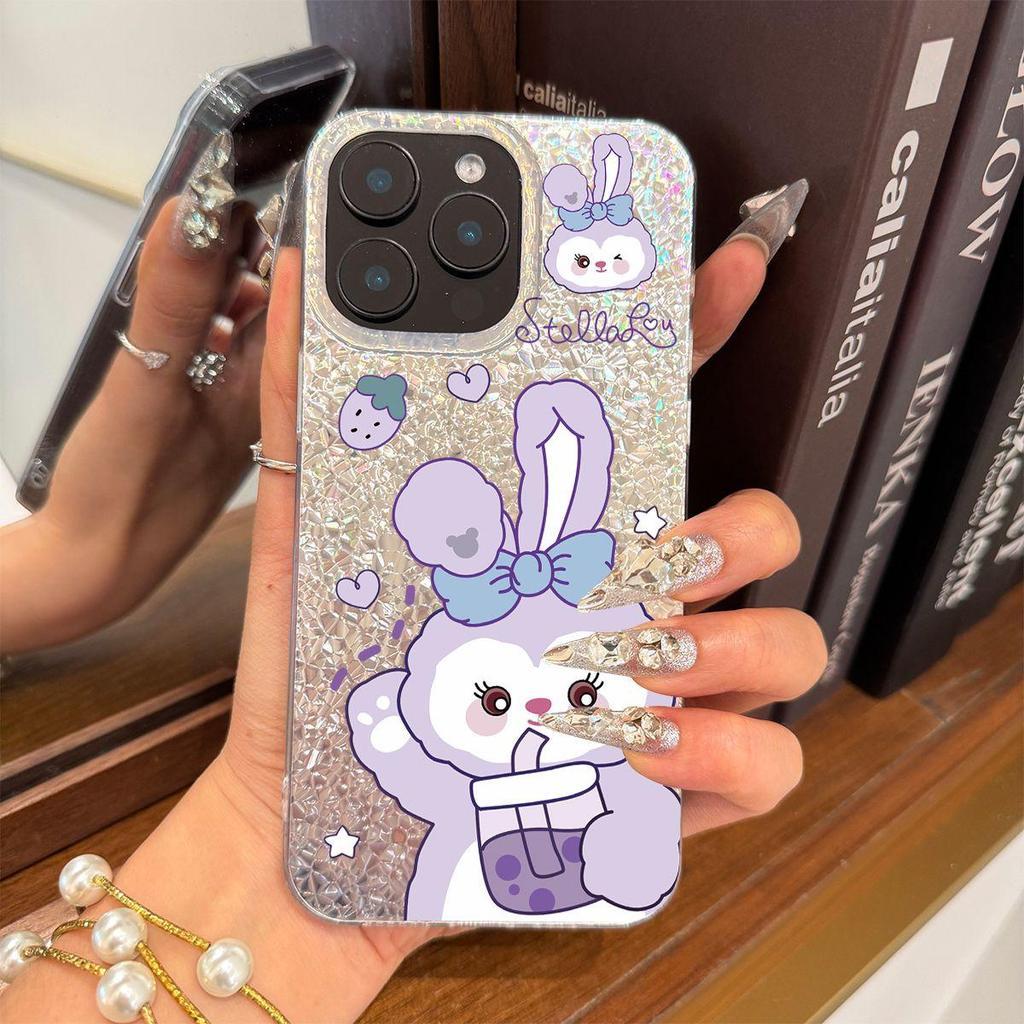 Милый Фиолетовый Кролик Чехол для iphone Air 18 Pro Max XS Max 15 14 12 XR 11 13 16 Plus 17 Pro Серебристый Блеск Трескающийся Фон