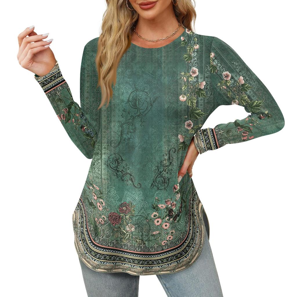 Женские рубашки с длинным рукавом и круглым вырезом, базовые свободные туники с боковым разрезом, повседневные рубашки с цветочным принтом