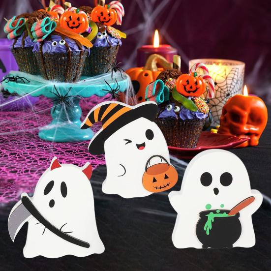 3 шт. Хэллоуин Призрак Орнамент Деревянный Призрак Центральный элемент Многоярусный Поднос Декор для Хэллоуина Осенней Вечеринки Декор для Каминной Полки