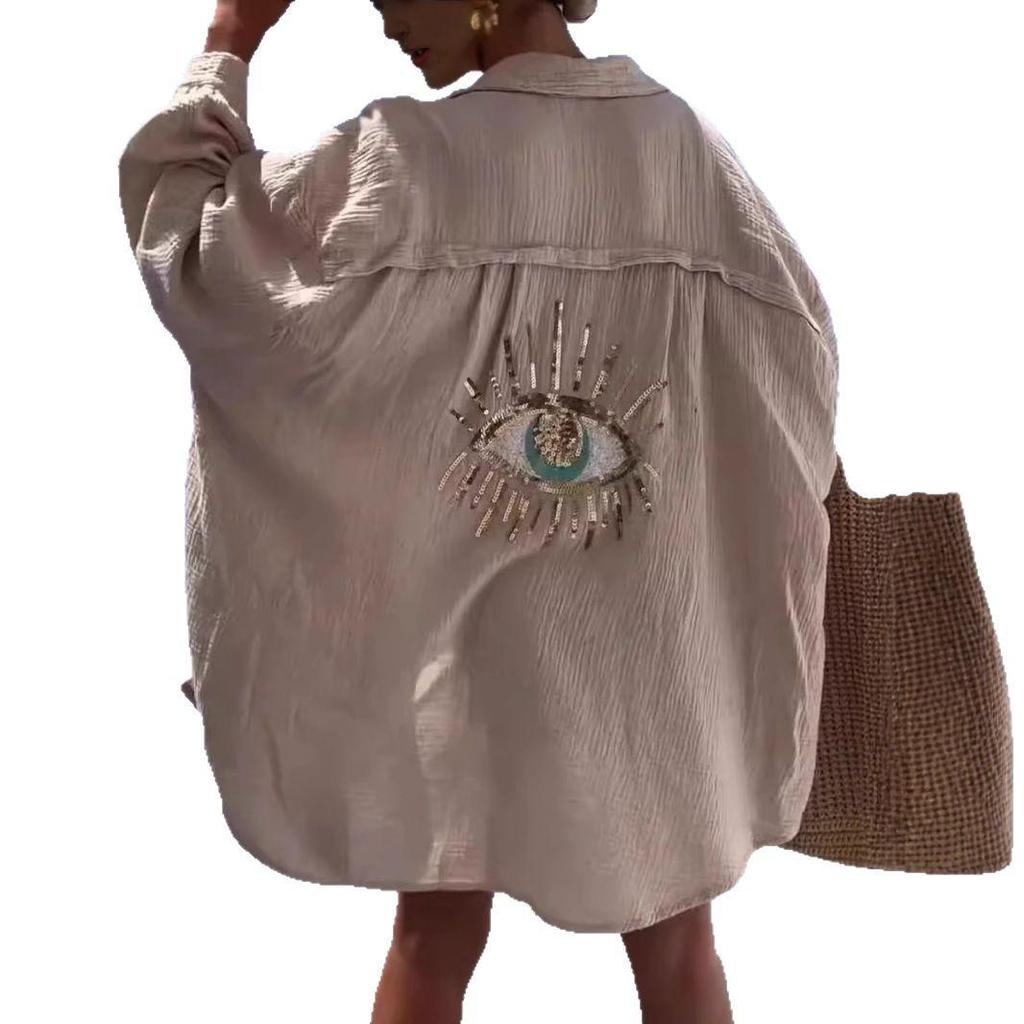 Европейская и американская трансграничная женская повседневная рубашка с длинным рукавом из хлопка и льна с отложным воротником