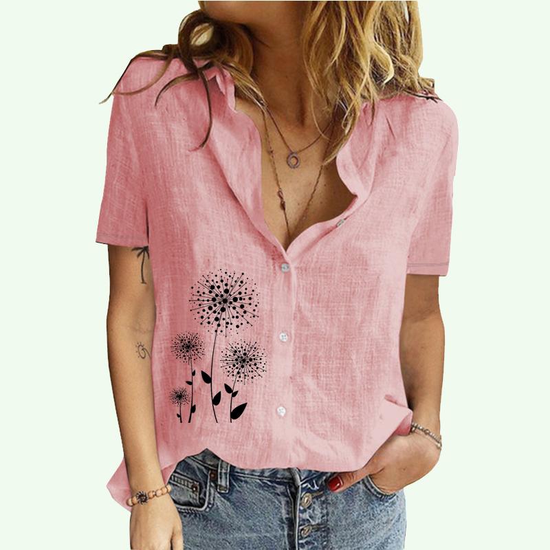 Женская модная футболка с воротником с лацканами, летняя и осенняя повседневная футболка с принтом, женский хлопковый льняной кардиган с принтом, блузки с короткими рукавами