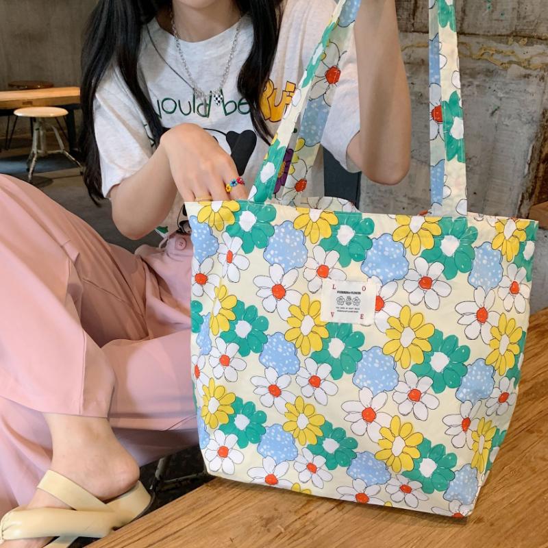 Retro Floral Women's Canvas Shoulder Bag High Capacity Girls Student Book Tote Handbag Cute Flower Female Reusable Shopping Bags