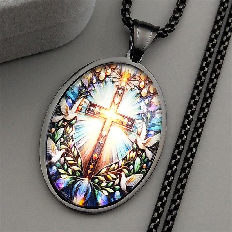 Dove Pigeon Cross Neck Chain For Women Men Stainless Steel Gold Color Glass Leaf Religion Catholic Necklace Jewelry Gifts