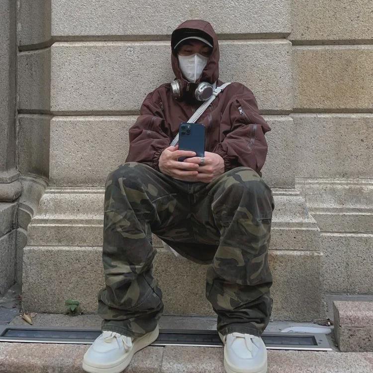 2023 г. Джинсы с высокой талией в стиле ретро, камуфляж, зеленый милитари, широкие