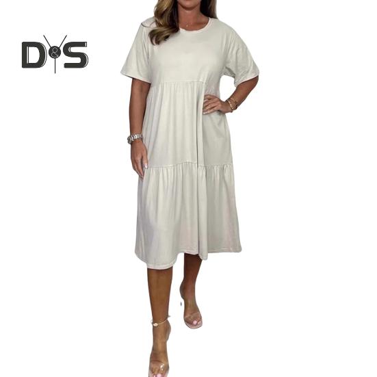 Женское летнее повседневное платье с коротким рукавом, струящееся А-силуэта, многоуровневое платье миди с круглым вырезом, пляжный свободный сарафан для отпуска и путешествий