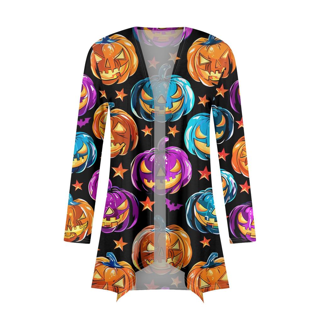 Женская модная повседневная куртка-кардиган средней длины с принтом на Хэллоуин и нерегулярным подолом