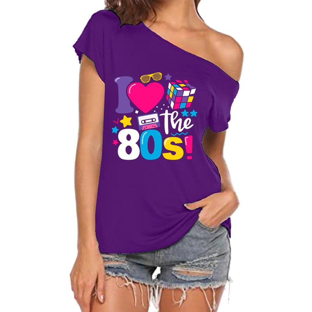Женская летняя повседневная мода с принтом (Я люблю 80-е) Сексуальная свободная футболка с открытыми плечами и короткими рукавами с наклонным вырезом и топом